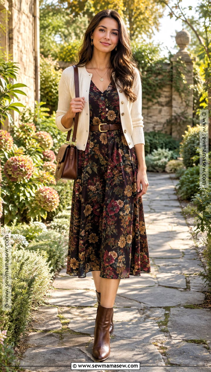 September Outfit With a Floral Dress and Boots - 30 september outfits