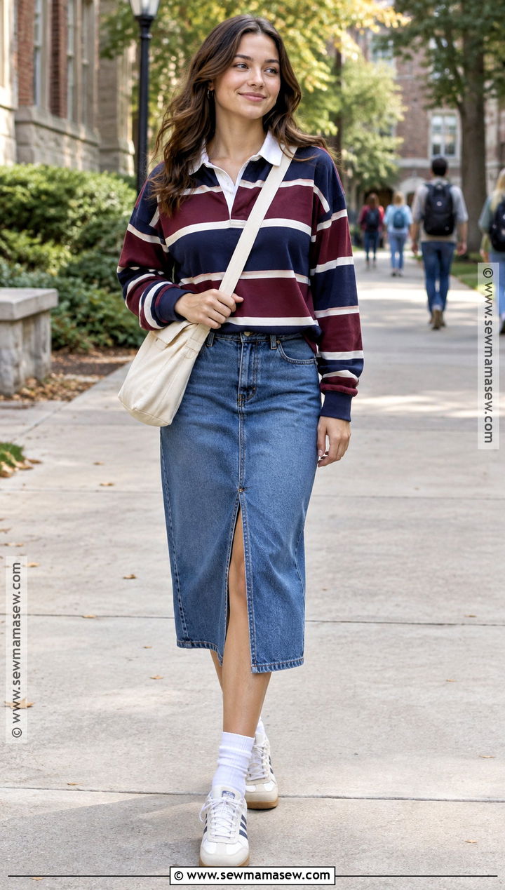 September Rugby Shirt And Denim Midi Skirt Outfit - 20 september aesthetic outfits