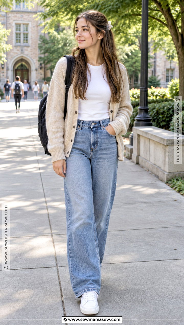 September School Outfit With Cardigan And Wide Leg Jeans - 20 september outfits for school