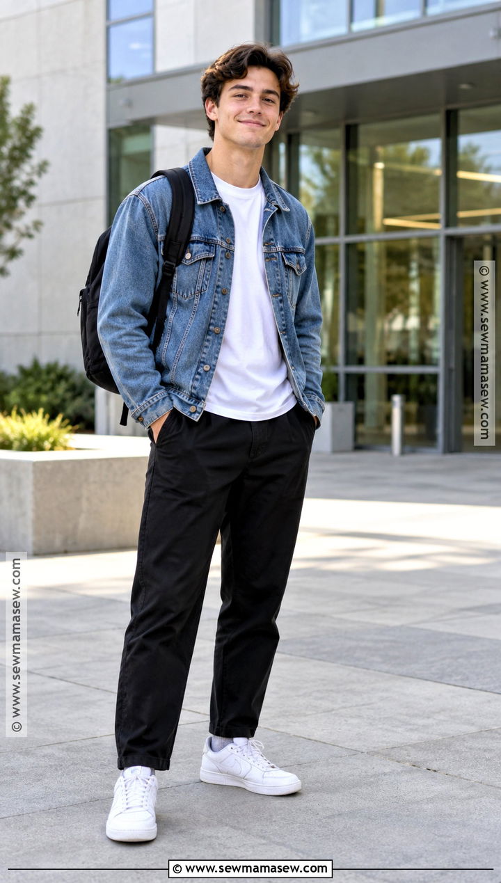 September School Outfit With Denim Jacket And Black Pants - 20 september outfits for school