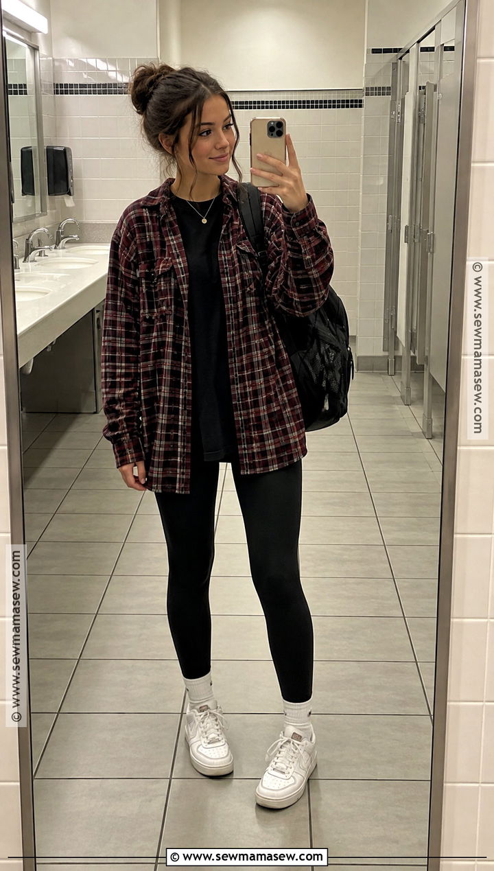 September School Outfit With Flannel Shirt And Leggings - 20 september outfits for school