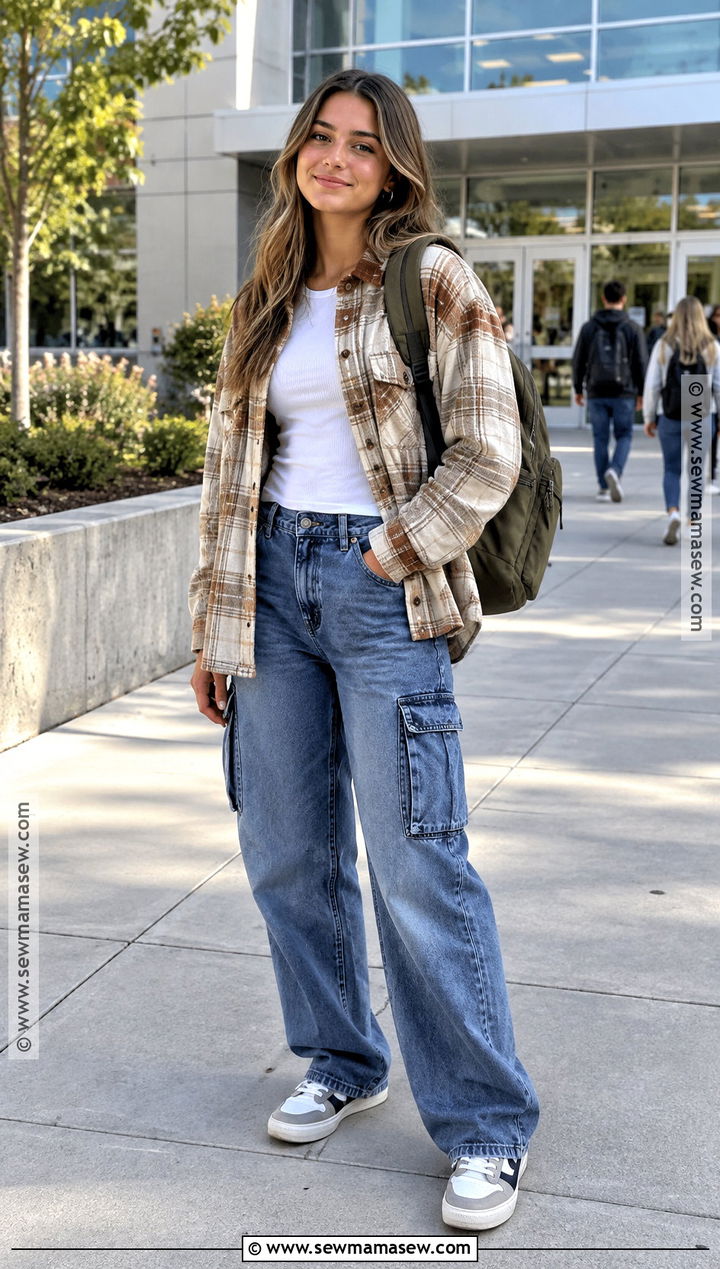 September School Outfit With Shacket And Cargo Jeans - 20 september outfits for school