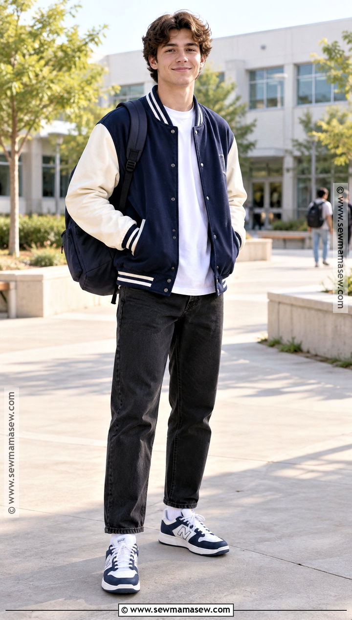 September School Outfit With Varsity Jacket And Black Jeans - 20 september outfits for school