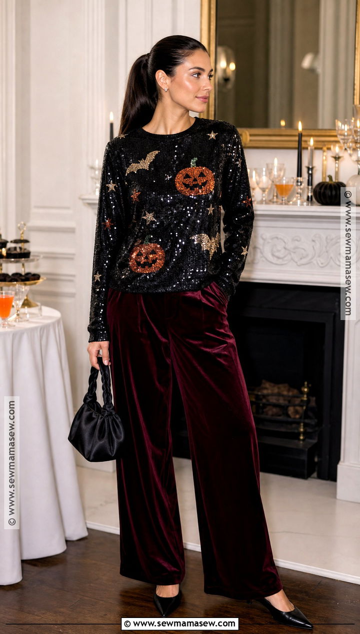 Sequin Halloween Sweater With Velvet Pants - 35 halloween sweater ideas