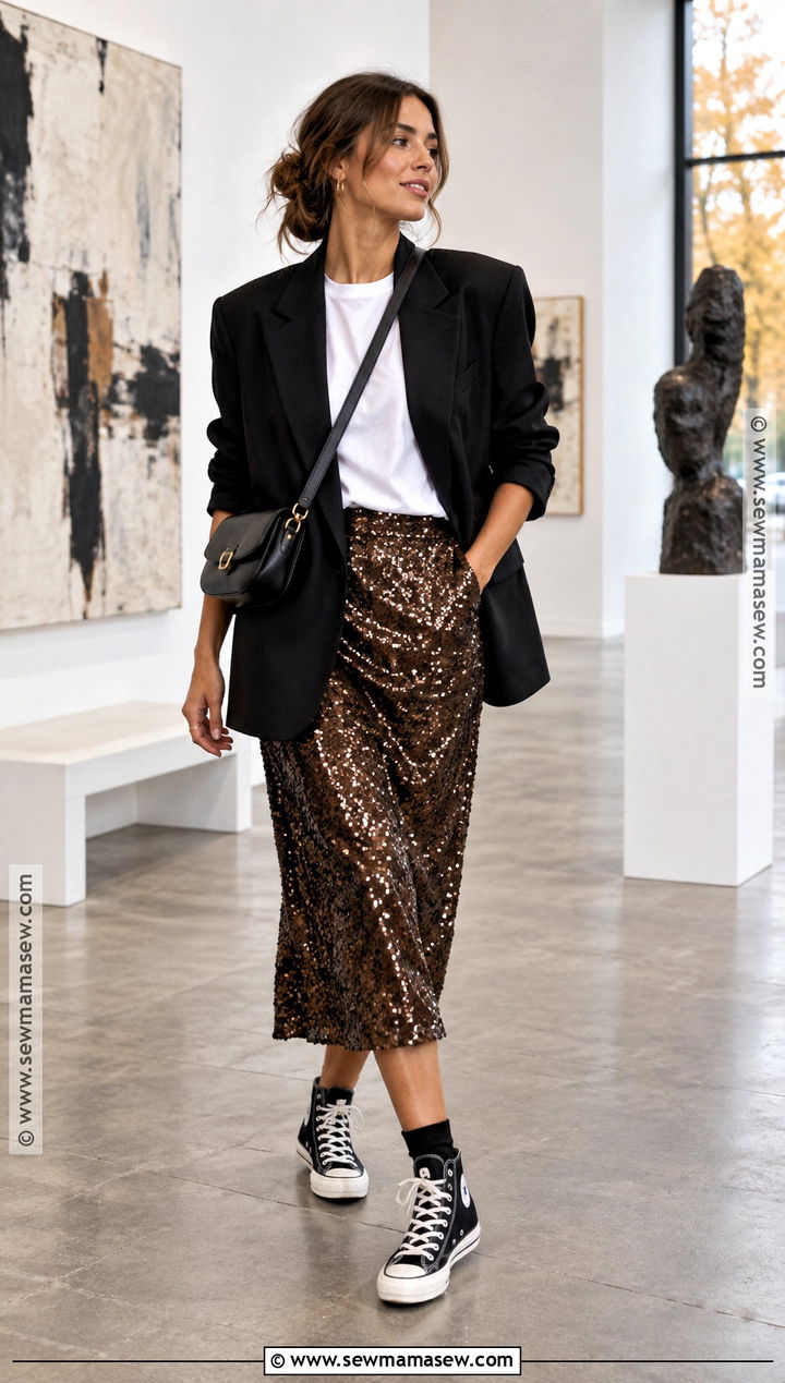 Sequin Midi Skirt With Black Converse - 15 Fall Skirt Outfits With Converse