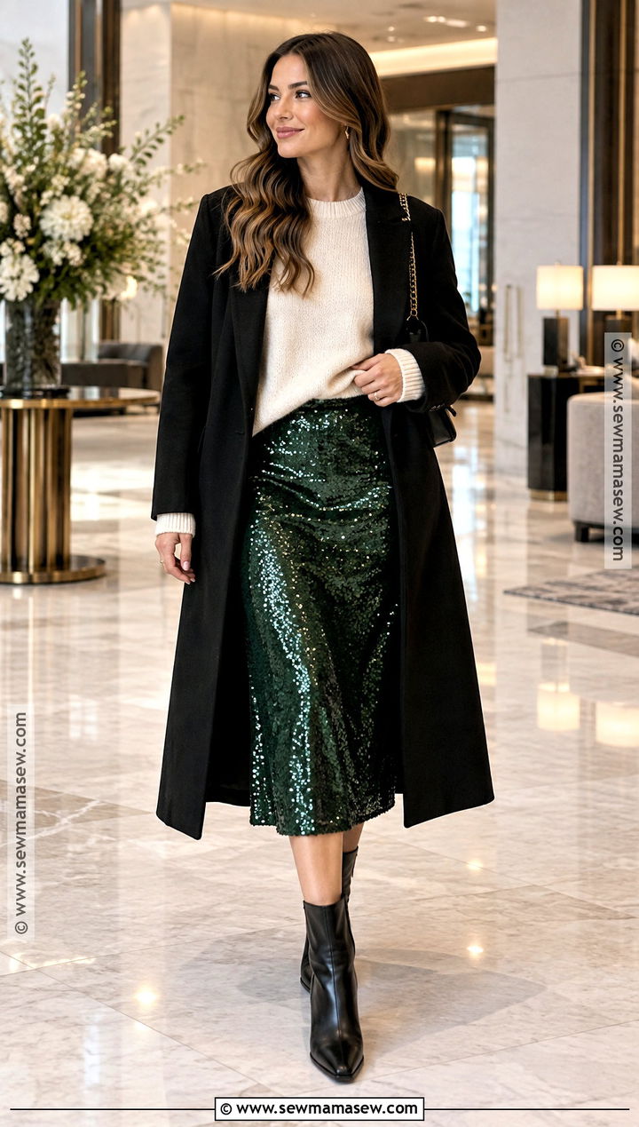Sequin Midi Skirt With Crewneck Sweater And Boots - 20 cute fall skirt outfits