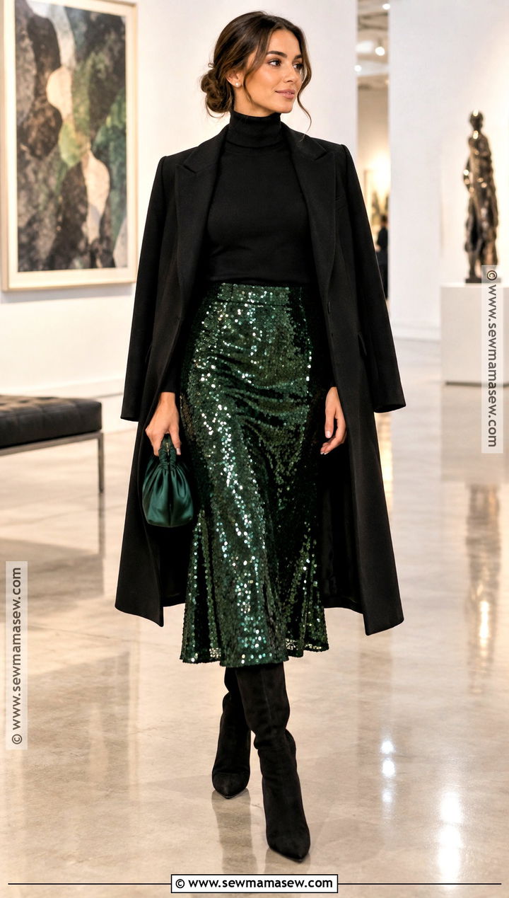 Sequin Midi Skirt and Turtleneck Autumn Glam Outfit - 15 autumn glam outfit ideas