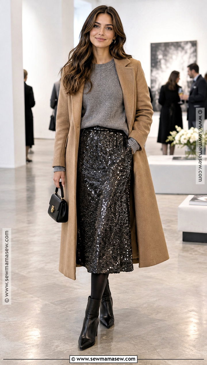 Sequin Skirt And Cashmere Sweater Outfit - 15 Fall Winter Fashion Trends 2425
