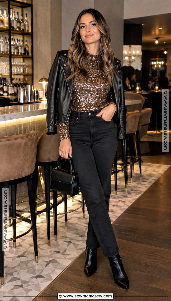 Sequin Top And Black Jeans Bar Outfit - 25 fall night out outfit bar ideas