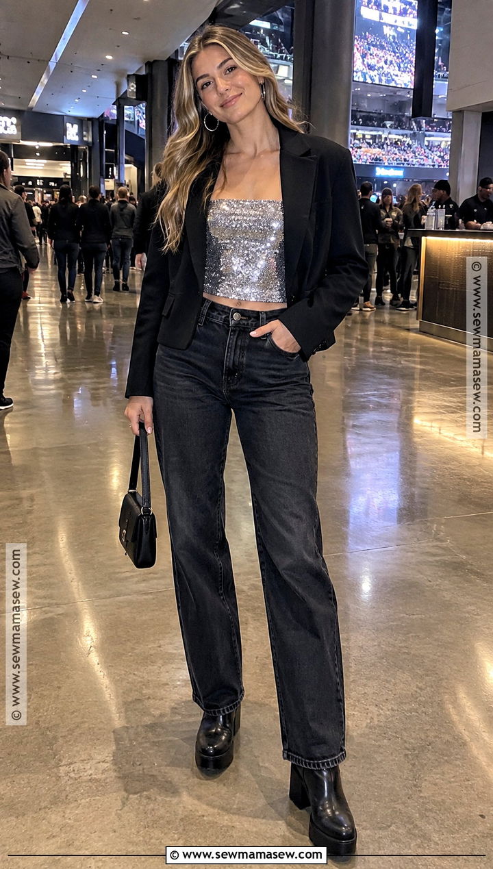 Sequin Top And Dark Jeans Fall Concert Outfit - 20 fall concert outfit night ideas