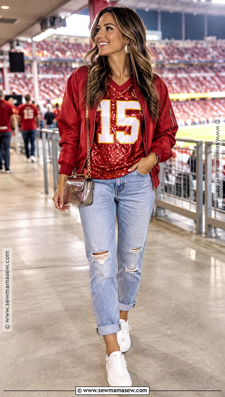 Sequin Top and Relaxed Jeans Gameday Outfit - 20 fall gameday outfit ideas