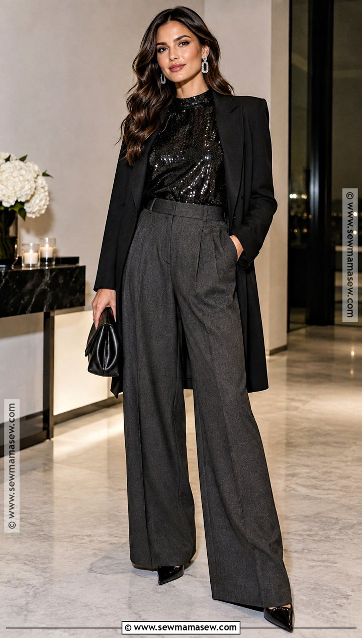 Sequin Top and Wide Leg Trousers Autumn Glam Outfit - 15 autumn glam outfit ideas