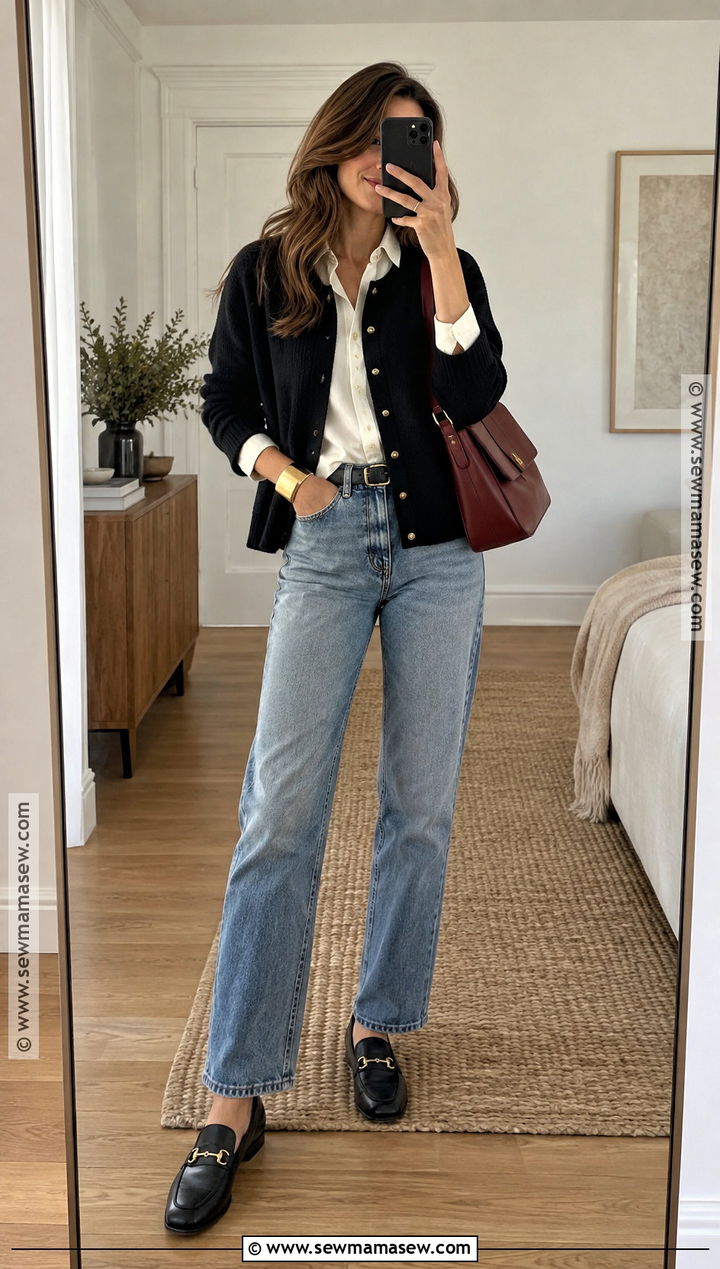 Sezane Black Cardigan With Ecru Shirt And Washed Jeans - 15 sezane fall outfit ideas