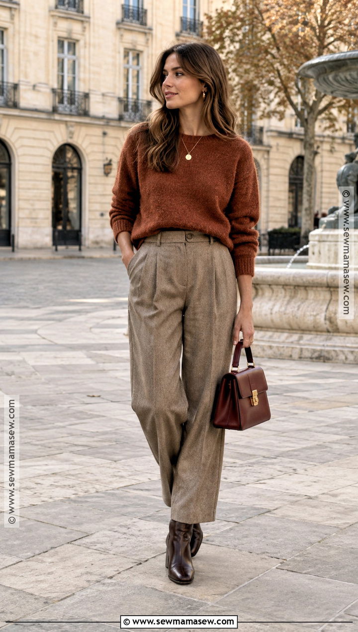Sezane Rust Sweater With Taupe Trousers And Brown Boots - 15 sezane fall outfit ideas