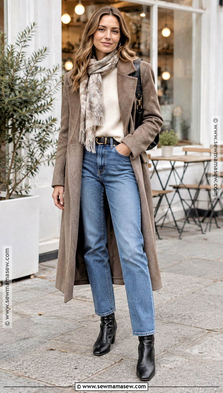 Sezane Taupe Coat With Straight Jeans And Ankle Boots - 15 sezane fall outfit ideas
