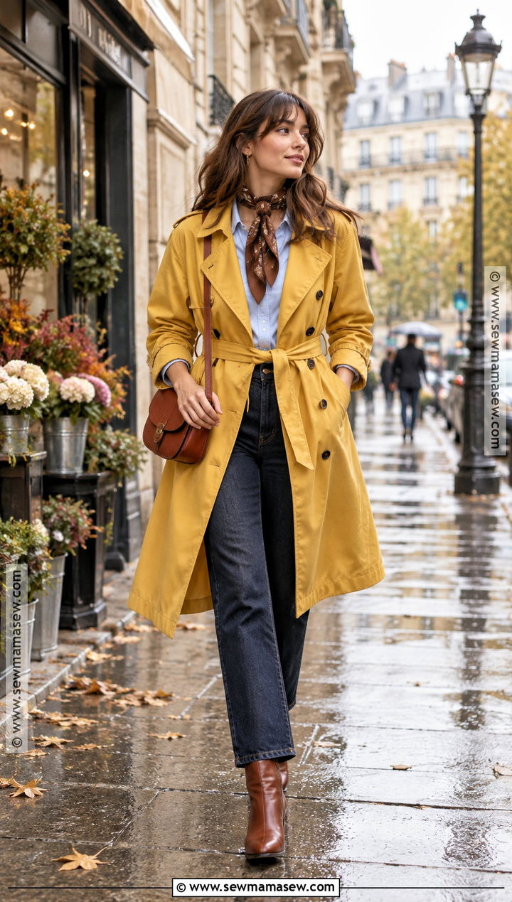 Sezane Yellow Trench With Blue Shirt And Straight Jeans - 15 sezane fall outfit ideas