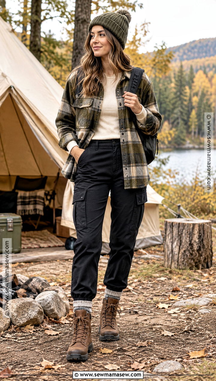 Shacket And Black Cargo Pants Fall Camping Outfit - 25 fall camping outfits