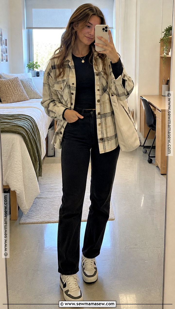 Shacket And Black Jeans For College - 15 college class outfits fall
