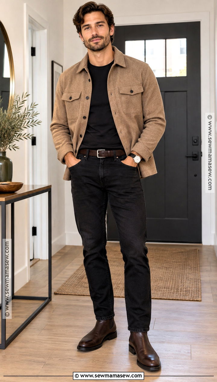 Shacket And Black Jeans Thanksgiving Outfit - 20 Mens Thanksgiving Outfit Ideas