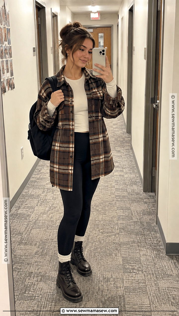 Shacket And Black Leggings For University - 20 university fall outfits