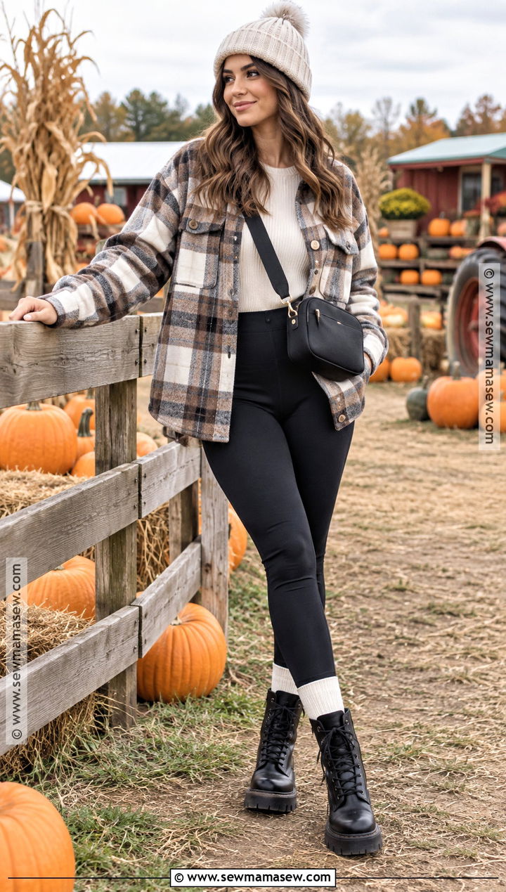 Shacket And Black Leggings Pumpkin Patch Outfit - 20 warm pumpkin patch outfit ideas