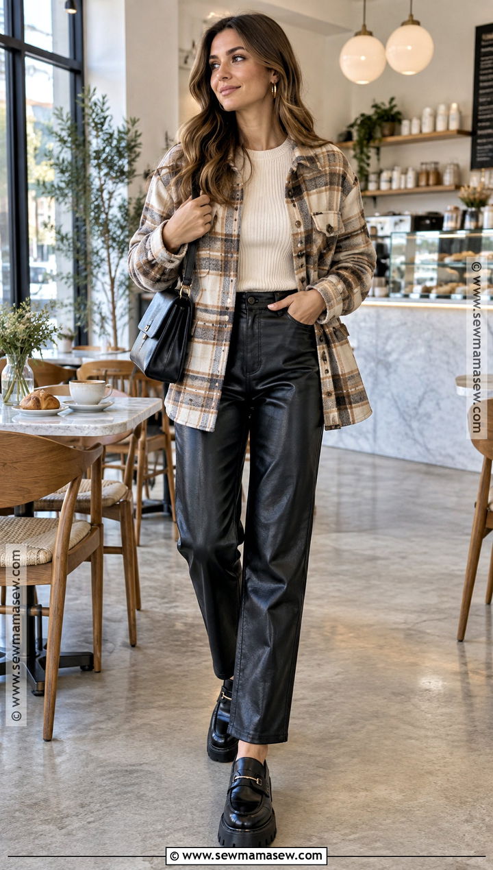 Shacket And Faux Leather Pants Brunch Outfit - 25 brunch outfit autumn ideas