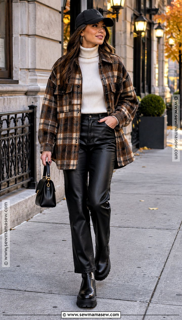 Shacket And Faux Leather Pants With Baseball Hat - 15 Fall Outfit With Baseball Hat Ideas