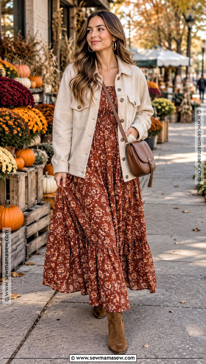 Shacket And Floral Maxi Dress Fall Outfit - 15 Cute Girly Fall Outfit Ideas