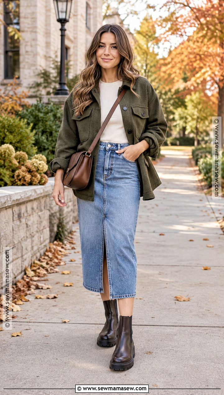 Shacket And Jean Skirt Outfit - 15 jean skirt outfits fall aesthetic