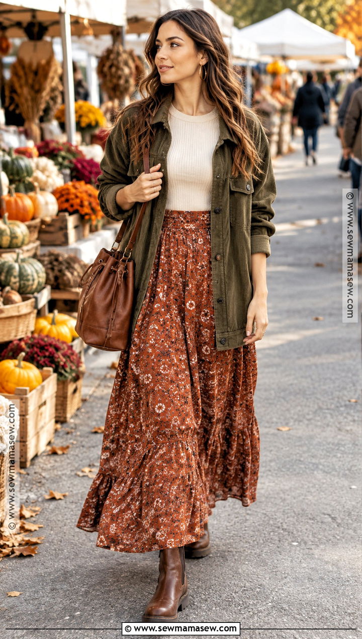Shacket And Printed Maxi Skirt Boho Fall Outfit - 25 boho fall outfits