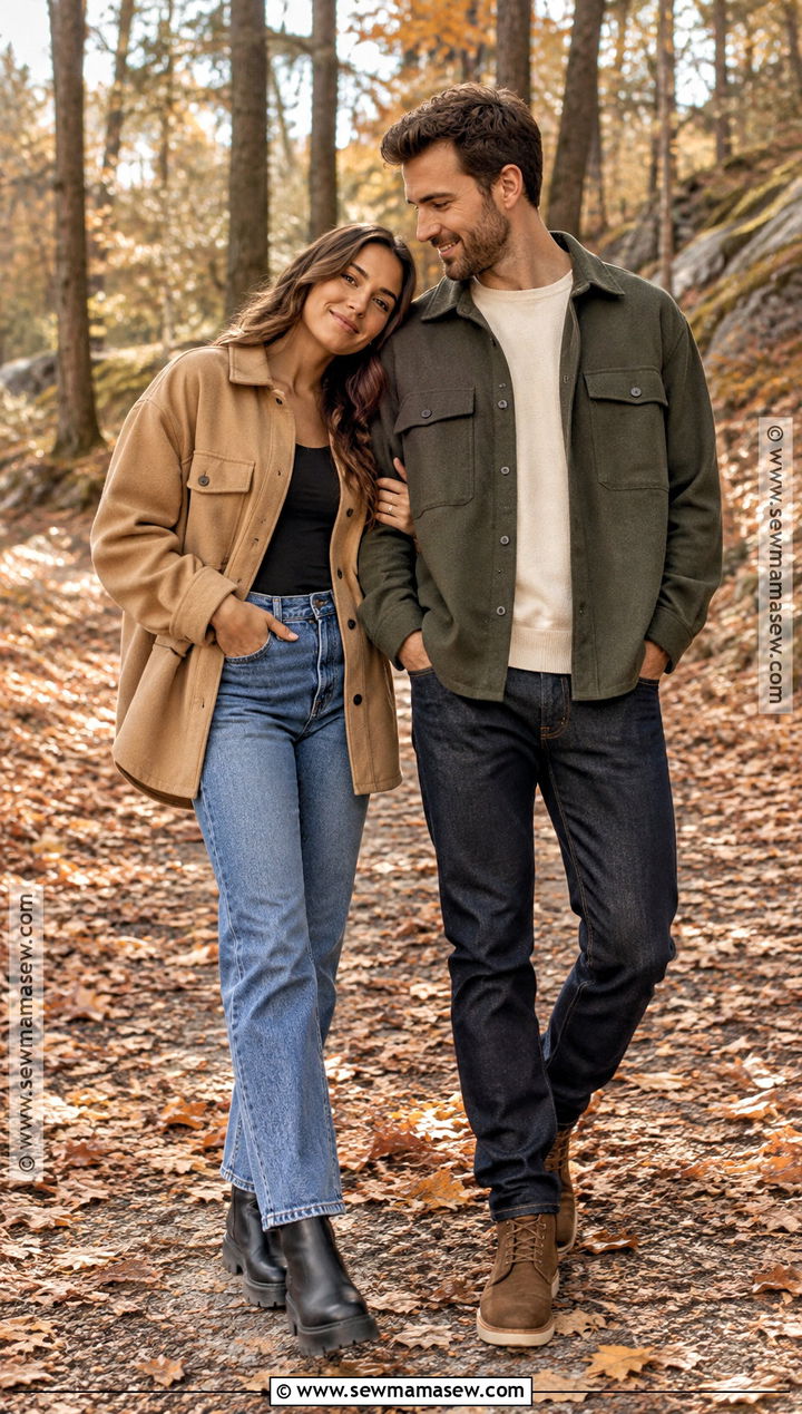 Shacket And Straight Leg Jeans Couple Outfit - 15 couple photoshoot fall outfit ideas