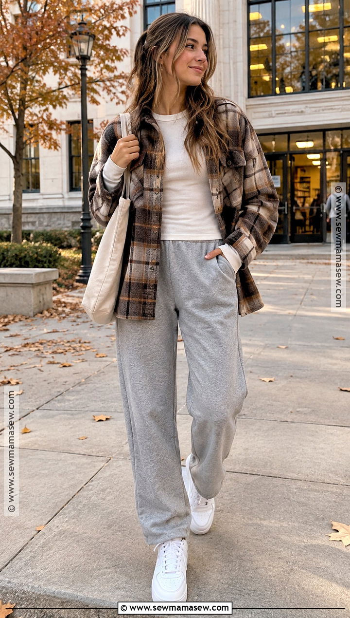 Shacket And Sweatpants Fall School Outfit - 15 fall lazy outfits for school