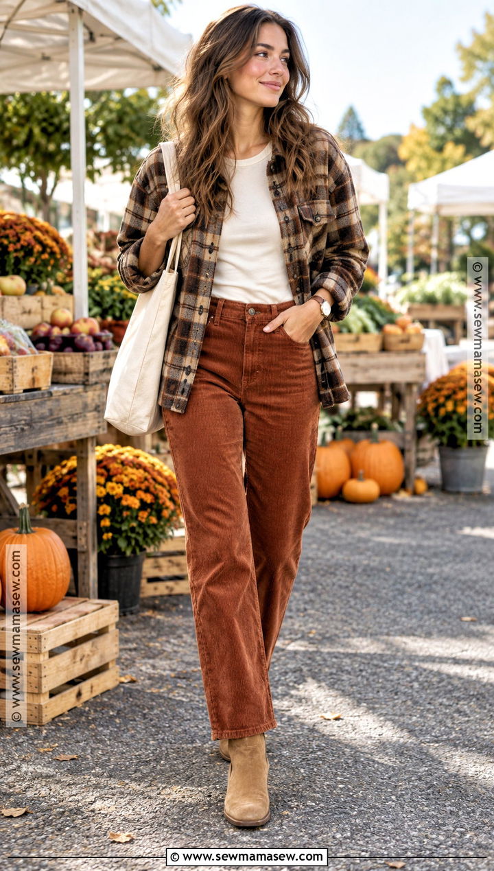 Shacket Basic Tee and Corduroy Pants - 15 simple casual fall outfits