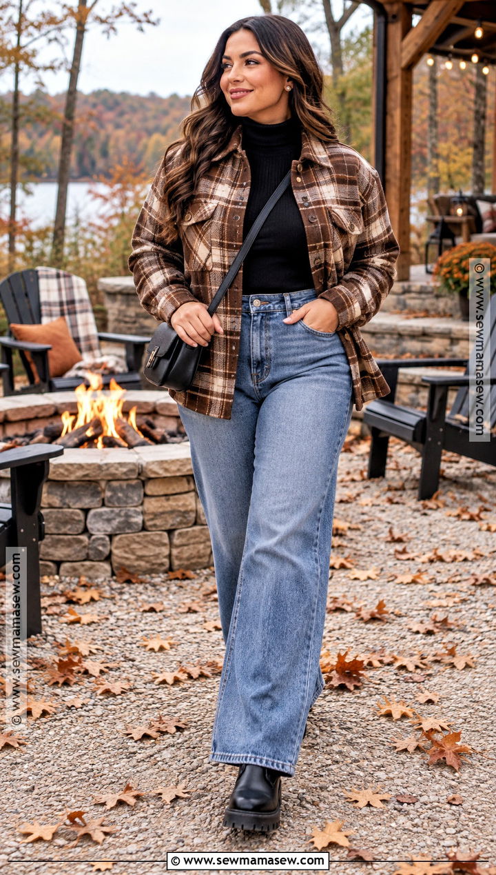 Shacket Bonfire Outfit With Wide Leg Jeans - 20 bonfire outfit fall night ideas