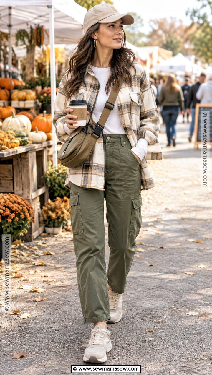 Shacket Cargo Pants And Chunky Sneakers - 15 Casual Fall Outfits For Women Sneakers