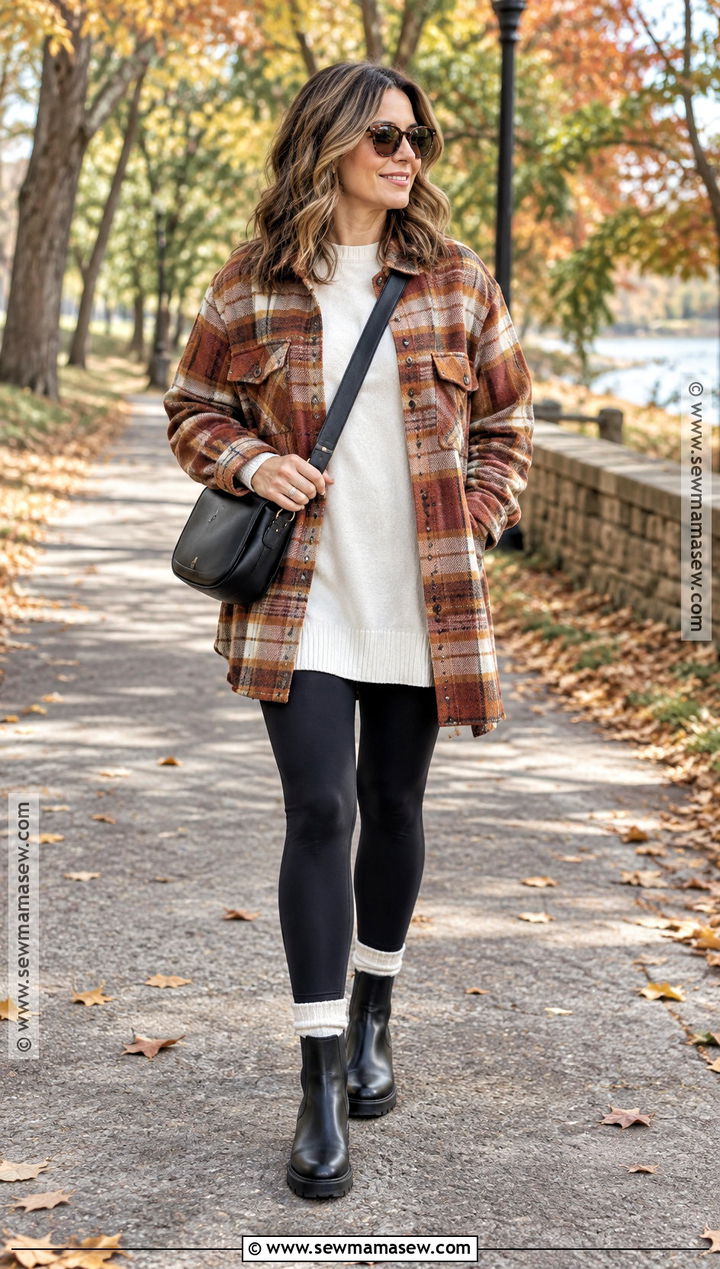 Shacket Fall Outfit With Leggings And Boots - 20 casual fall outfits for women over 40