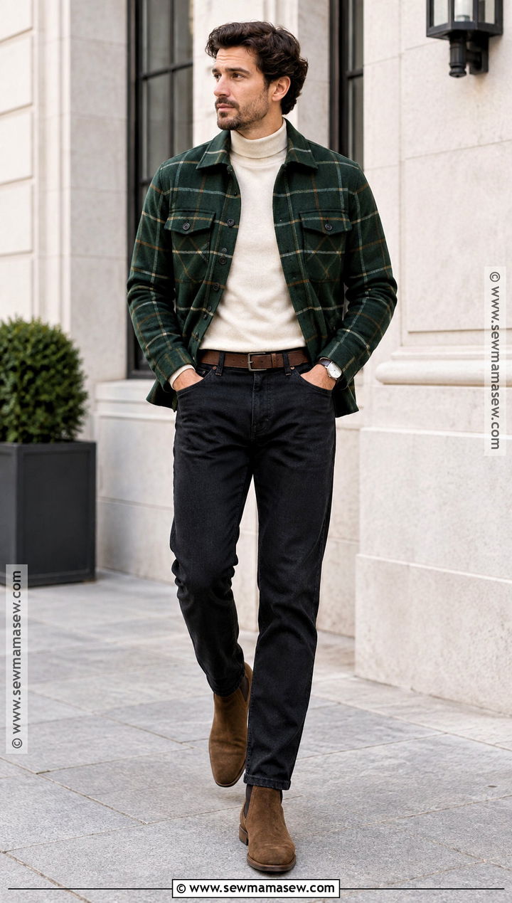 Shacket Fall Outfit With Mock Neck And Black Jeans - 15 casual mens outfits fall