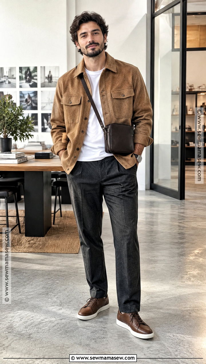 Shacket Fall Outfit With T Shirt And Wool Trousers - 15 Fall Looks for Men