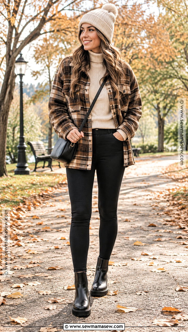 Shacket Fall Outfit With Turtleneck And Leggings - 20 Cozy Fall Fashion Ideas