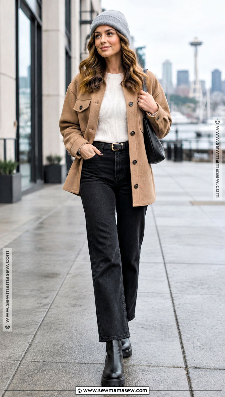 Shacket Ribbed Top And Black Jeans Seattle Fall Outfit - 20 Fall Seattle Outfits