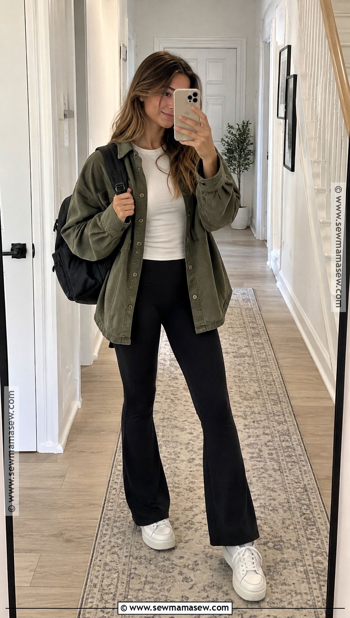 Shacket School Outfit With Flared Leggings - 15 casual fall outfits for school