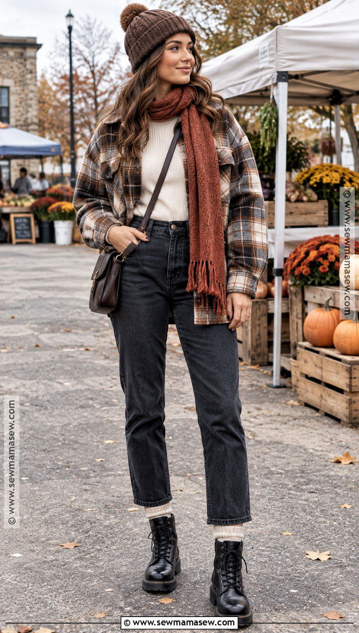 Shacket Thermal Top Jeans and Combat Boots - 20 cold fall day outfit ideas