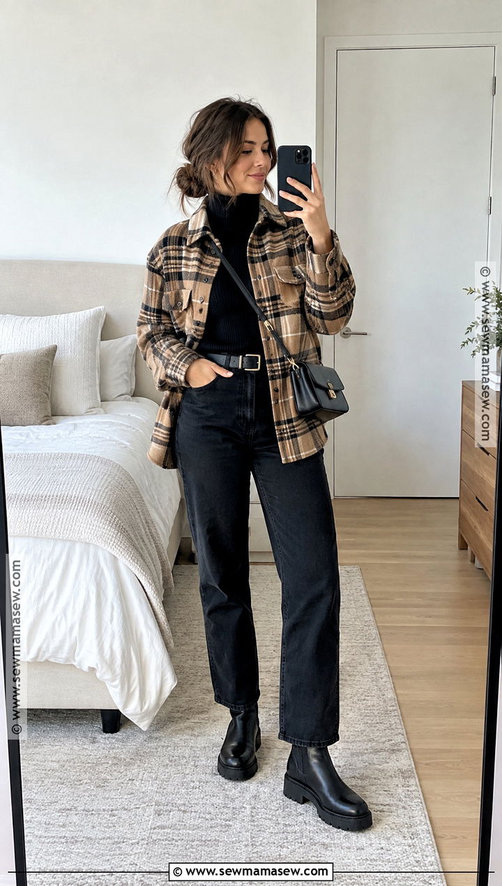 Shacket Turtleneck and Black Jeans Fall Outfit - 15 layer outfits fall