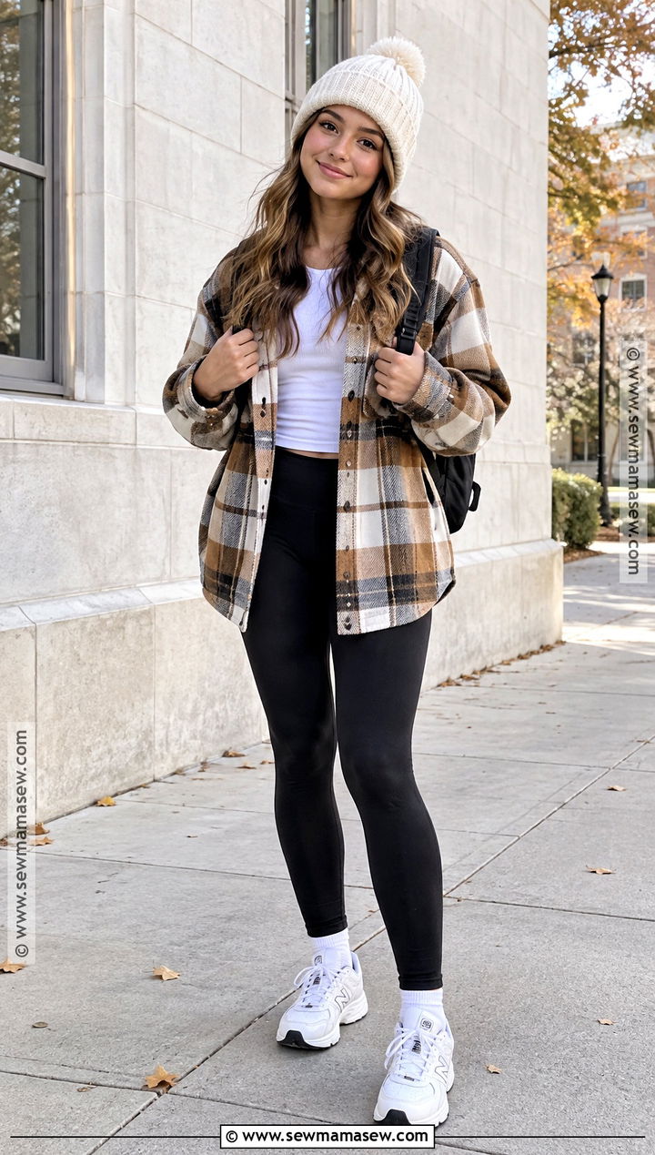 Shacket With Basic Tee And Leggings - 15 comfy outfits for school fall