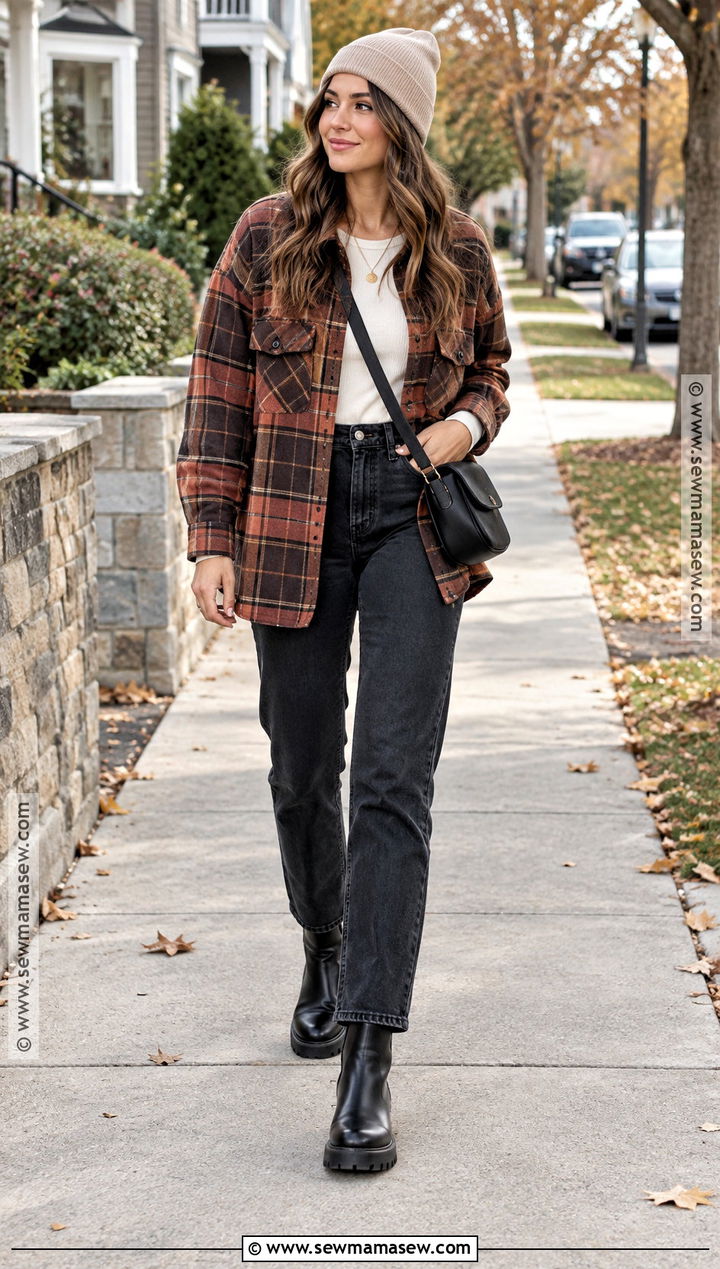 Shacket With Black Jeans And Lug Sole Boots - 20 Fall Fits With Boots