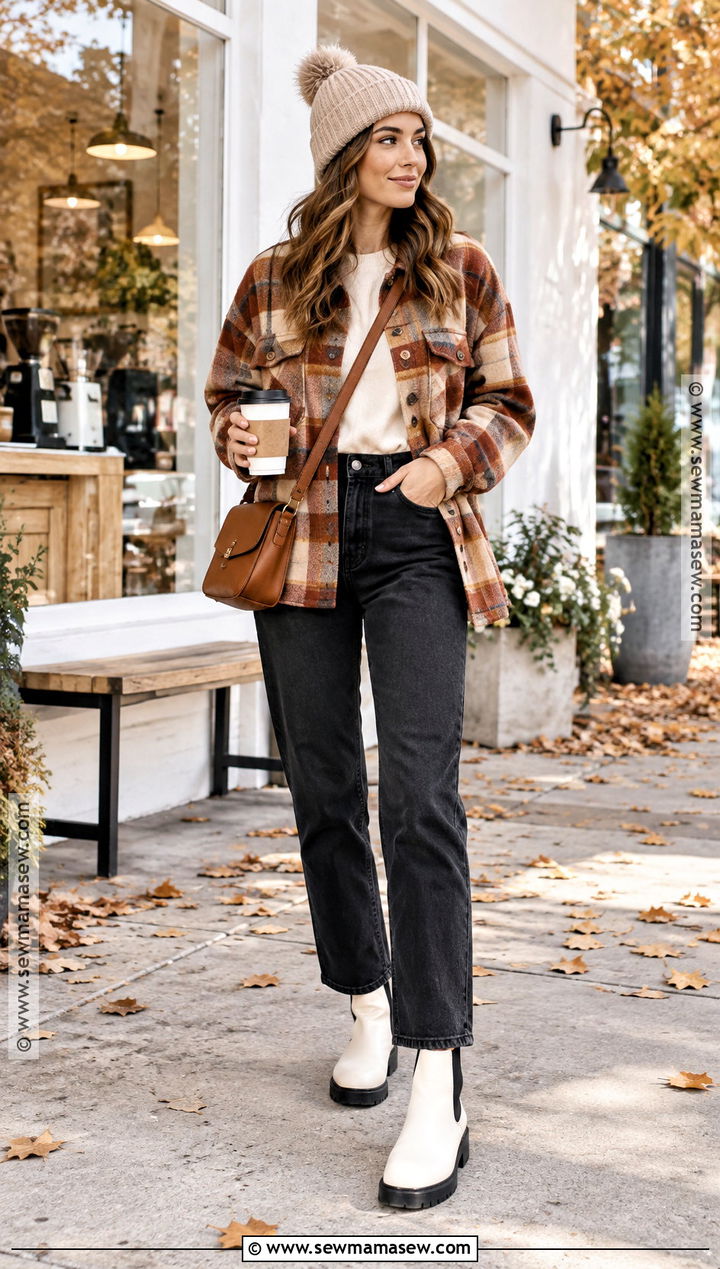 Shacket With Black Jeans And White Boots - 20 Fall Outfits With White Boots