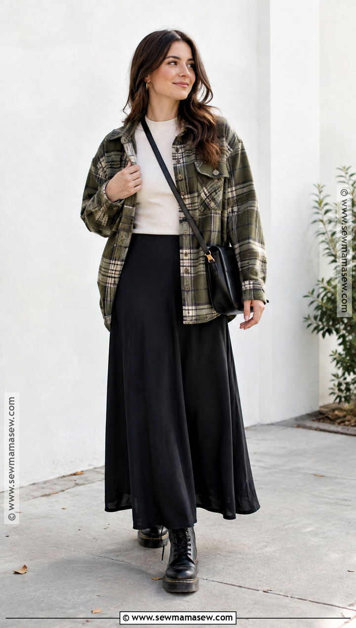 Shacket With Black Maxi Skirt - 15 christian fall fashion ideas