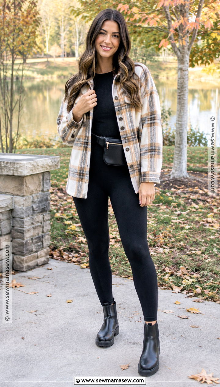 Shacket With Fitted Top Leggings and Chelsea Boots - 20 Simple Fall Outfits for Moms