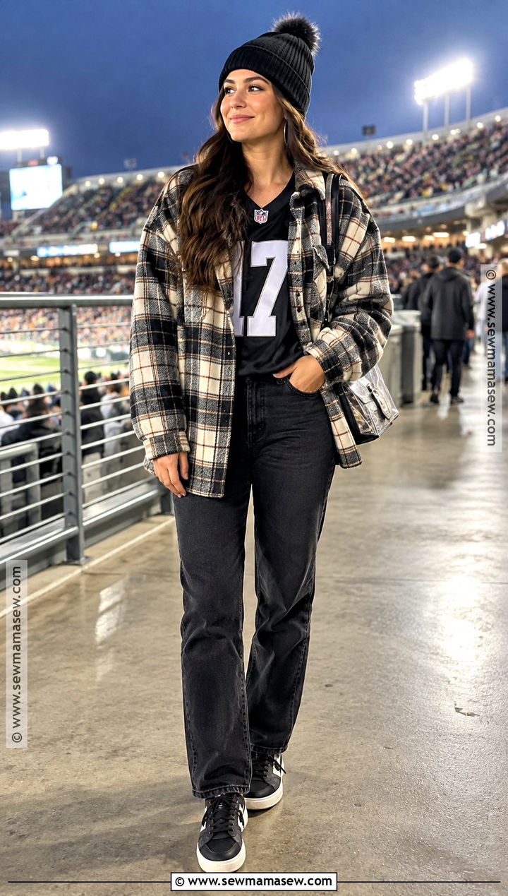Shacket With Football Jersey And Black Jeans - 20 football game outfit fall ideas