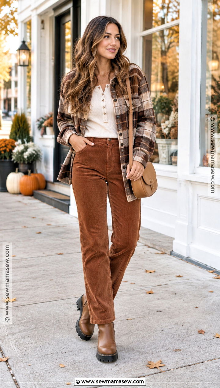 Shacket With Henley Top And Corduroy Pants - 25 autumn layering outfit ideas